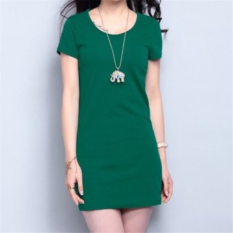 Musim panas Fashion Korea solidcolor lengan pendek mini dress HDS056 hijau tua - Internasional  