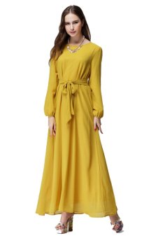 Muslim Ethnic Costumes Lady Robe Long Sleeve Dress Caftan WomenClothing Yellow  