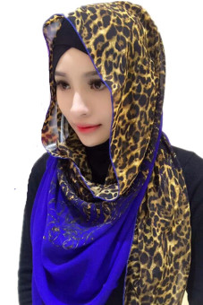 Muslim Hijab Hat Cap Headscarf Chiffon Leopard Print Turban Scarf for Women(Blue)  