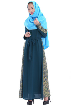 Muslim Lady Robe Long Sleeve Thick Chiffon Double-layer Long Dress (Indigo) - intl  