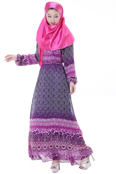 Muslim Long Sleeve Thick Chiffon Double-layer Long Dress (Purple) - intl  