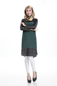 Muslim Plaid Splicing Long Sleeves Short Paragraph Dresses(Color:Green) - intl  