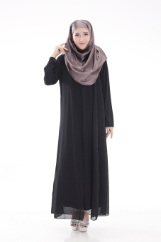 Muslim Robes Sunday Clothes New Women's Fashion Long-sleeved Chiffon Dress (Black) - Intl  