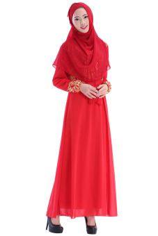 Muslimah Clothing Long Sleeve Double-layer Dress Dubai Robe(Red) - intl  