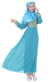 Muslimah Clothing Long Sleeve Double-layer Dress Dubai Robe(Sky blue) - intl  