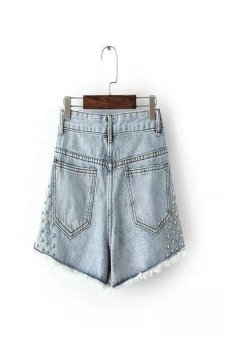 Nail Bead High Waist Straight Denim Shorts ?Light Blue?  