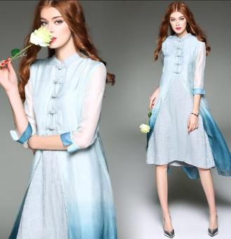 New 2017 Spring Summer Women Vintage Dress Fashion New Retro Chinese Style Solid Color Cheongsam Silk Dress(blue) - intl  