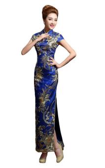 New Arrival Improved Chinese Cheongsam Qipao Dress Lace Split Embroidery Party Costume Evening Dress Blue SS-08B - intl  