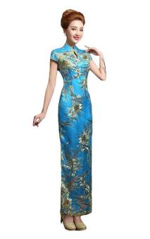 New Arrival Improved Chinese Cheongsam Qipao Dress Lace Split Embroidery Party Costume Evening Dress Sky Blue SS-08SB - intl  