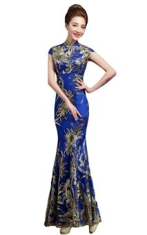 New Arrival Improved Chinese Cheongsam Qipao Wedding Dress 100% Handmade Lace Embroidery Party Costume Evening Dress Blue SS-07B - intl  