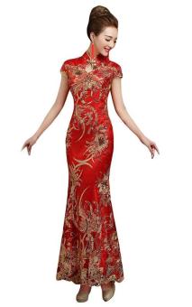 New Arrival Improved Chinese Cheongsam Qipao Wedding Dress 100% Handmade Lace Embroidery Party Costume Evening Dress Red SS-07R - intl  