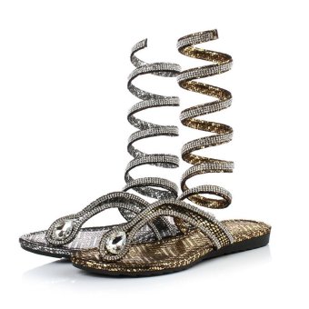 New European manual station big toe snake wound bandage Rhinestone sandals sandals in Rome, Gold (Intl)  