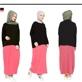 New Fashion Abaya Two-color Long Sleeves Muslim Wear Modal Maxi Dress Jubahs Black&Pink  
