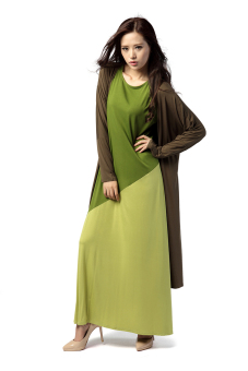 New Fashion Abaya Two-color Long Sleeves Muslim Wear Modal Maxi Dress Jubahs With Outwear Green  