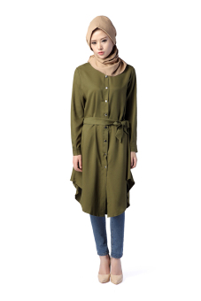 New Fashion Muslim Wear Long-sleeve Blouse Loose-fit Top With Belt Green  