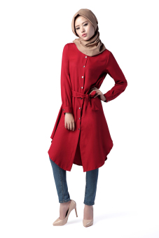 New Fashion Muslim Wear Long-sleeve Blouse Loose-fit Top With Belt Wine Red  
