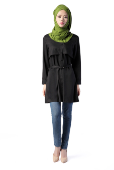 New Fashion Muslim Wear Top Long-sleeve Blouse With Belt Black  