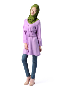 New Fashion Muslim Wear Top Long-sleeve Blouse With Belt Purple  