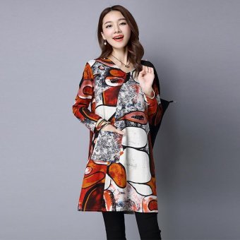 New Fashion Retro Cotton and Linen Graffiti Printed Slim Long Sleeves Dress-Orange - intl  