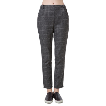 New Fashion Women Harem Pants Plaid Check Tartan Elastic Waist Pockets Causal Loose Trousers Grey  