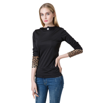 New Fashion Women Hoodie T-Shirt Leopard Button Hooded Neck Long Sleeve Tops Black - intl  
