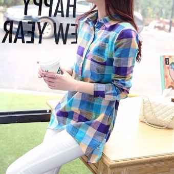 New Fashion Women Long Sleeve Casual Lapel Long Plaid Shirt Blouse (Multicolor) - intl  