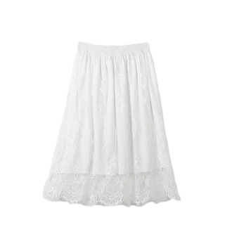 New Fashion Women Skirt Sheer Floral Eyelash Lace Elastic High Waist Midi Skirt White/Black - Intl  
