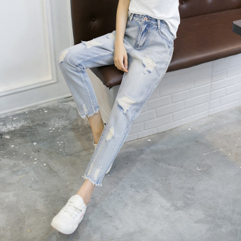New Korean Fashion Loose Hole Jeans Slim Haren Nine Beggar Pants (light Blue) - intl  