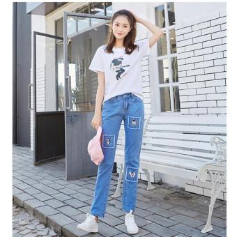 New Korean Fashion Mid Waist Women Pants Patchwork Animal Designer Denim Trousers Ripped Jeans for Women Jeans Woman Elastic Slim Jean - intl  