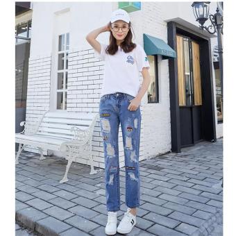 New Korean Fashion Women Letter Embroidery Jeans Female Light Blue Casual Pants 2017 Spring Summer Pockets Straight Holes Jeans Women Bottom - intl  