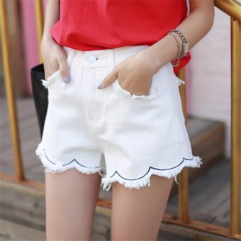 New lace shorts female was thin Korean version of high waist hole denim short pants (White) - intl  