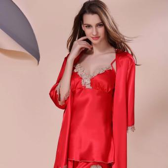New Ladies Sexy silk pajamas nightdress two piece suit long sleeved Robe red - intl  