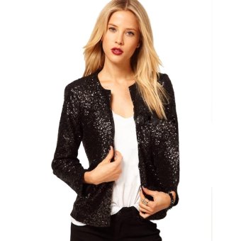 New Lady Women Fashion Long Sleeve O-Neck Sequins Button Casual Short Coat-black-S - Intl  