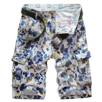 New Men Loose Beach Shorts Large Size Loose Shorts Brand Cotton Overalls Solid Color Multi-Pocket Straight Half Trousers(Blue) - Intl - intl  