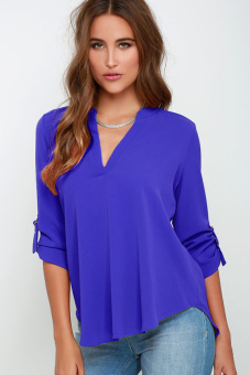 New Spring And Autumn Long-sleeved V-neck Loose Casual Chiffon Shirt Folds Sleeve Blue - Intl - intl  