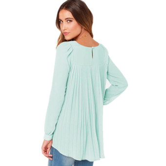 New Spring And Autumn Long-sleeved V-neck Loose Casual Chiffon Shirt Folds Sleeve Light Green - Intl - intl  