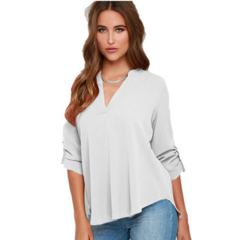 New Spring And Autumn Long-sleeved V-neck Loose Casual Chiffon Shirt Folds Sleeve White - Intl - intl  