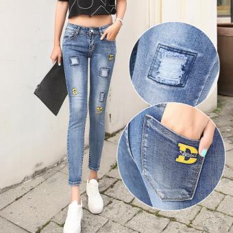 New Spring Fashion Women Girls Skinny Jeans Letter Decor Ripped Denim Pants Casual Tight Pencil Pants Cute Trouser - intl  