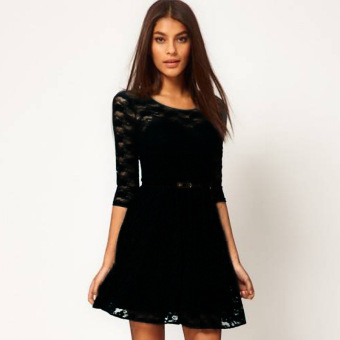 New style Women's Lace Pashmina Slim fit Belted Half sleeve Dress (Black) - intl  