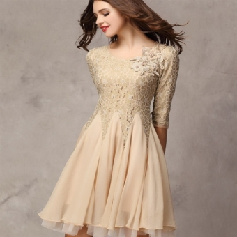 New Summer Lady's Lace Pleated Dresses 3/4 Sleeve Slim Ball Gown Party Beige Dress C126 - intl  