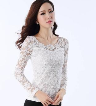 New Women Fashion Lace Crochet Blouse Long-sleeved Lace Tops Plus Size M-5XL White - intl  