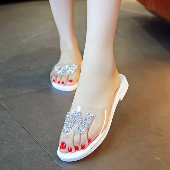 New Women Personality Transparent Sequin Letter Print Slipper Roman Shoes Summer Beach Shoes Flat Sandals White - intl  