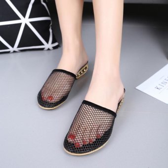 New Women's Sexy Flip Flops Summer Sandals Mid Heels Rhinestone Mesh Korean Beach Wear Casual Flat Shoes Color Black - intl  