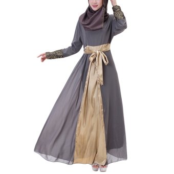 Niyatree Muslim Church Chiffon Lace Sleeve Waist-Strap Muslimah Maxi Women Dress - Grey  