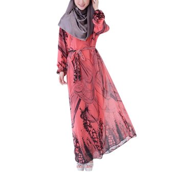 Niyatree Muslim Church Muslimah Maxi Women Waist-Strap Printing & Dyeing Long Dress - Red  