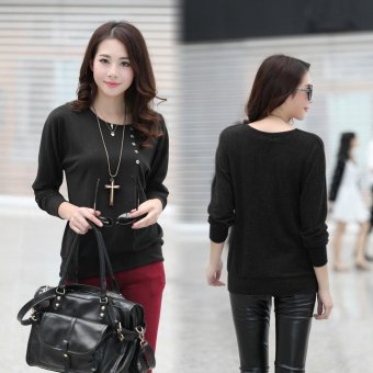 OEM Fashion Blend Cotton Bat Sleeve Long Sleeve Women's T-Shirt Buttons decoration Black XL - intl  