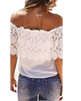 Off Shoulder Women Sexy Chiffon Lace Stitching Short-sleeved Blouse (White)  