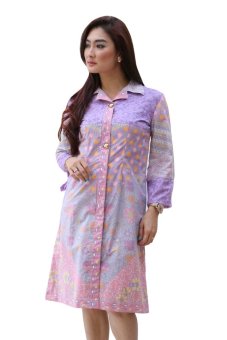 Oktovina-HouseOfBatik Midi Dress Kerah Batik Katun - Femme Batik DKKE-2A - Ungu  