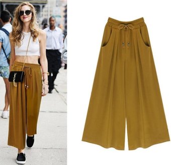 pantalones mujer Women's Summer Harem Pants Casual Loose Cotton Blended Solid Elastic Waist Wide Leg Pants Plus Size M-5XL Yellow - intl  