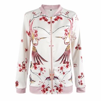 Phoenix Print White Bomber Jacket Exotic Stand Collar Zipper Pink Jacket Casual Loose Sweet Jacket - intl  